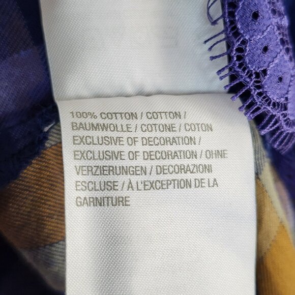 Logo by Lori Goldstein Shirt Womens Size L Large Blue Plaid Lace Detail Button - Picture 8 of 8